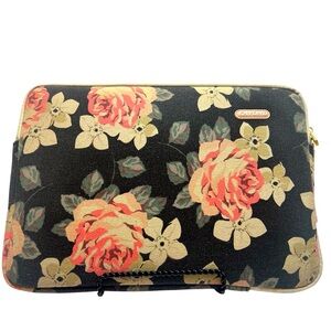 Black Laptop Sleeve with Pink & Khaki Rose Print & Khaki Trim by Kayond.
